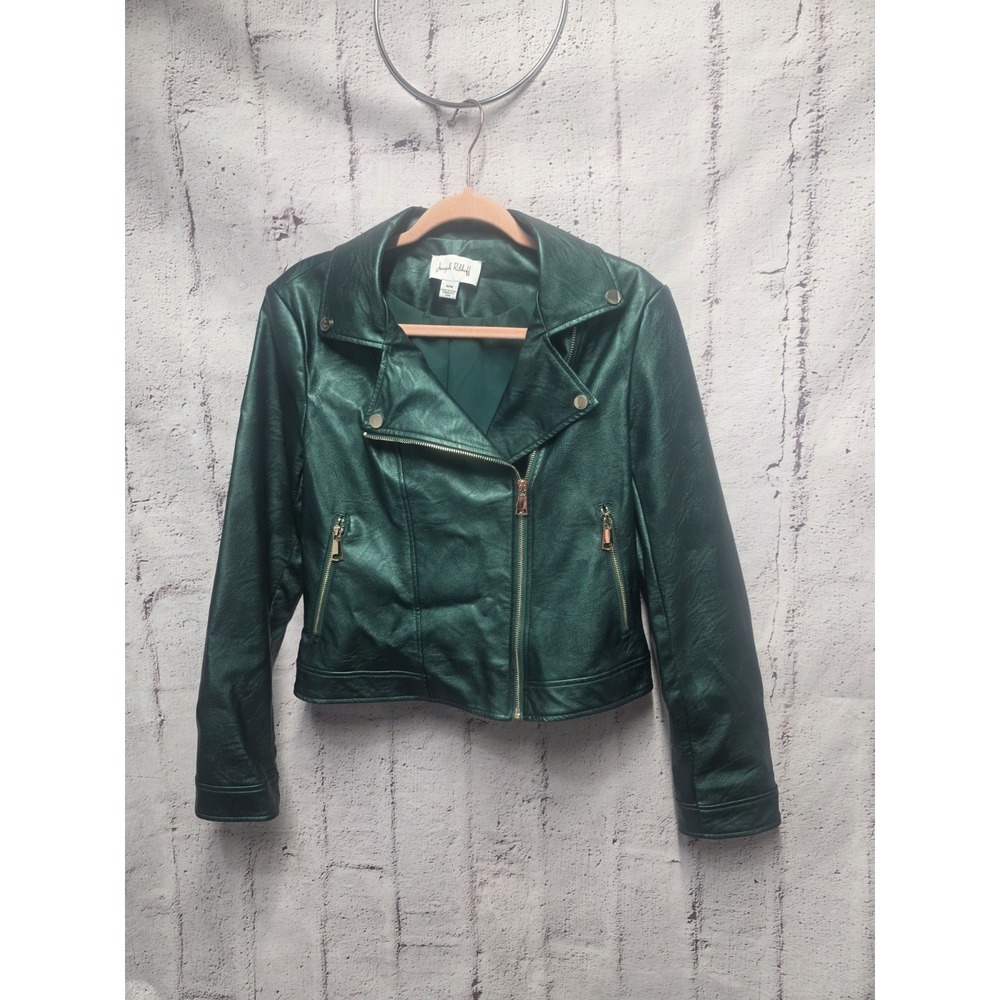 Joseph Ribkoff  Green Metallic Faux Leather Biker Jacket Sz M Medium